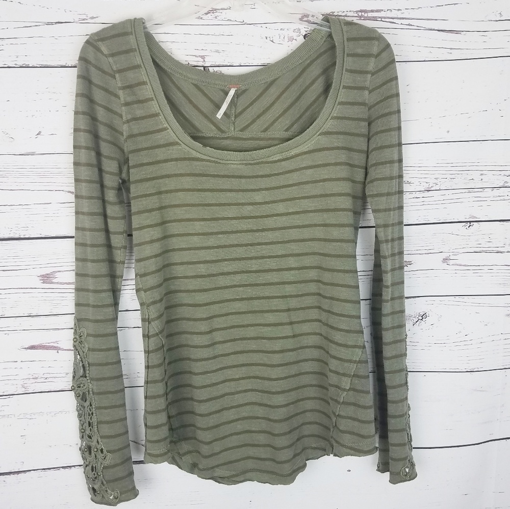 Free People Striped Crochet LS Shirt